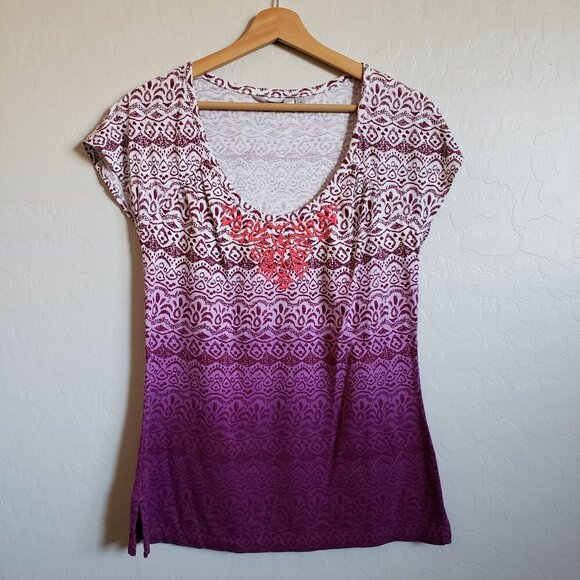 Athleta Ascender Short Sleeve Tee Cotton Top Raspberry Bantu Size S Tribal Ombre - Picture 1 of 10
